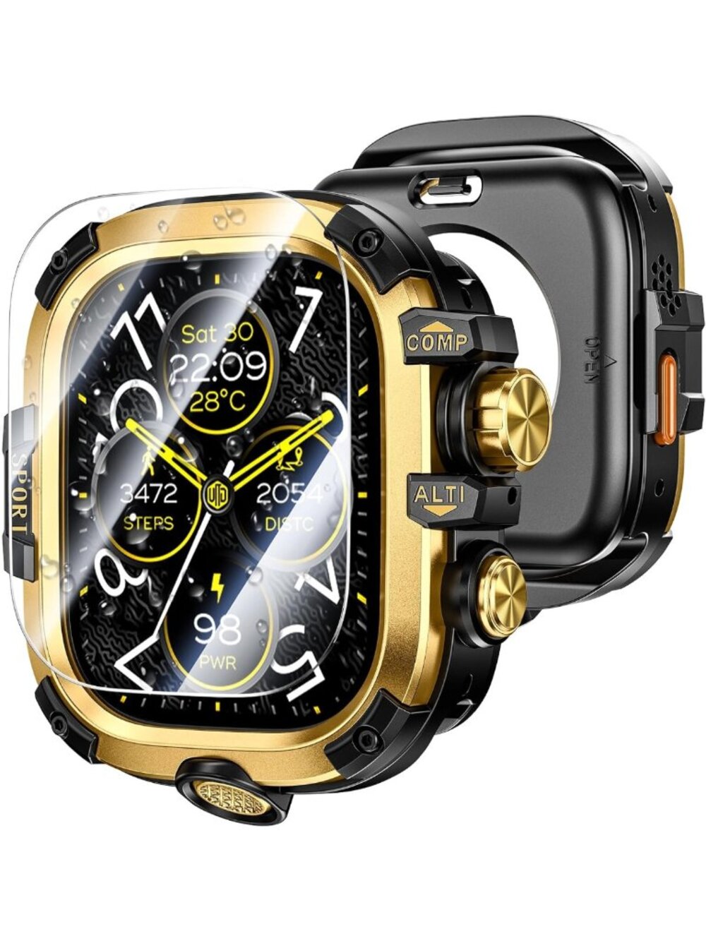 3-in-1 Metal & PC Case for Apple Watch 49mm - Gold Screen Protector & Accessory